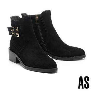 短靴 AS 別致時尚造型大方釦全真皮高跟短靴－黑