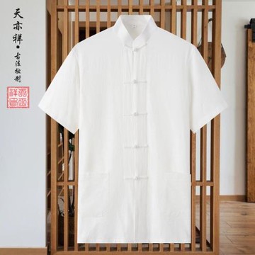 亞麻中老年短袖唐裝男式襯衫中國風復古盤扣居士漢服爸爸半袖上衣