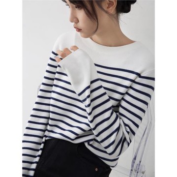 日系經典藍白條紋落肩百搭套頭內搭彈力長袖針織衫春秋新款女外穿