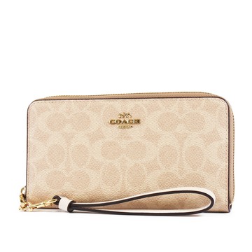 COACH 緹花LOGO防刮皮革手掛式拉鍊長夾-灰褐