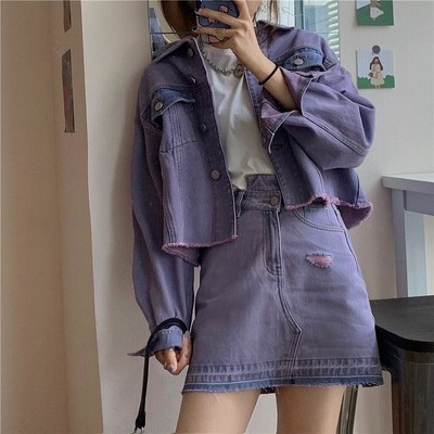 デニム ジャケット ミニスカート セットアップ パープル 韓国 