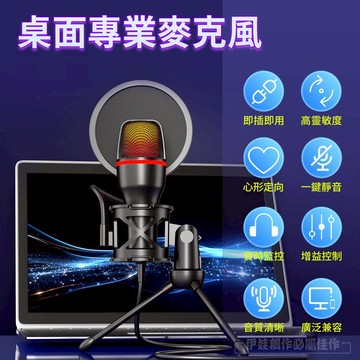 ✨台灣出貨💥高清音質✨ 電容桌面麥克風 RGB防噴降噪 心型指向 USB即插即用 電競電腦麥克風 手機麥克風 直播麥克風