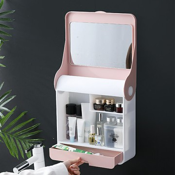 家用化妝品收納盒壁掛式免打孔防塵衛生間掛墻上浴室帶鏡子置物架