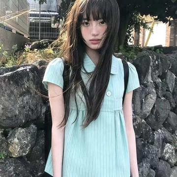 台灣出貨 今流行可愛風薄荷綠韓系細條紋娃娃領短袖襯衫女夏甜美減齡上衣 娃娃襯衫 女生襯衫 甜美上衣 韓系上衣