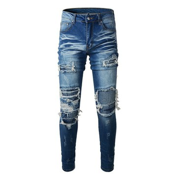 FINDSENSE X 2024 街頭潮褲 時尚修身 淺藍破洞抓破貼布補丁 直筒牛仔褲 小腳褲