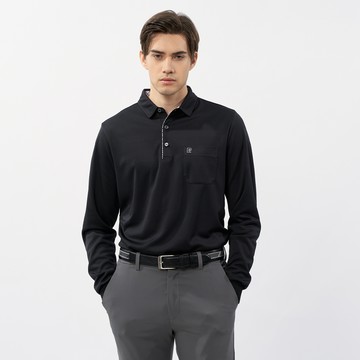 Pierre Cardin 男裝 吸濕排汗素色暗紋橫條長袖POLO衫-黑色 (5235206-99)