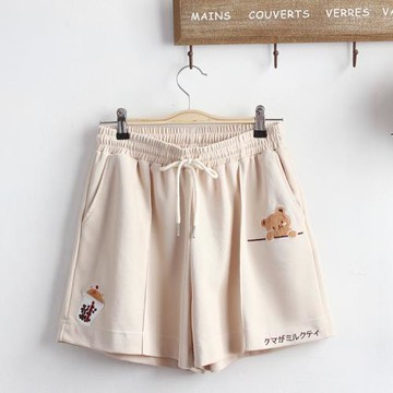 日系可愛小清新夏季熱褲 系帶松緊腰奶茶小熊刺繡百搭中學生短褲