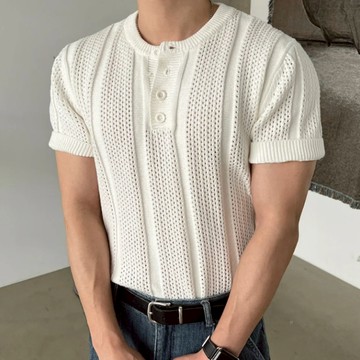 【Metanoia】韓國設計 鏤空修身亨利領針織短袖
