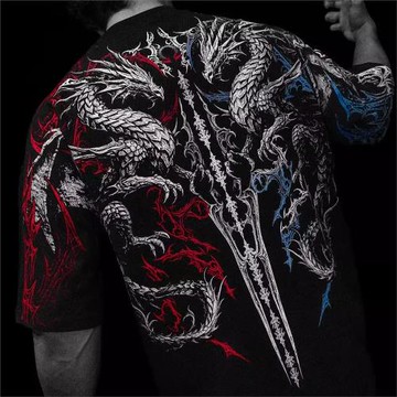 2025新款夏季美式純棉高級潮流哥特印花寬松大碼健身男士短袖t恤