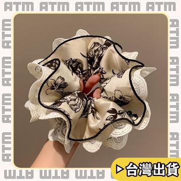 🔥臺灣出貨🔥可開發票✅輕飾時光復古印花蕾絲大腸髮圈女高級感超大扎頭髮丸子頭髮繩氣質百搭髮飾