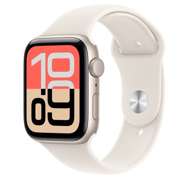 Apple Watch SE 3 (GPS)；44 公釐星光色鋁金屬錶殼；星光色運動型錶帶 - M/L