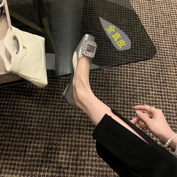 葡萄媽全真皮銀色法式水鉆單鞋