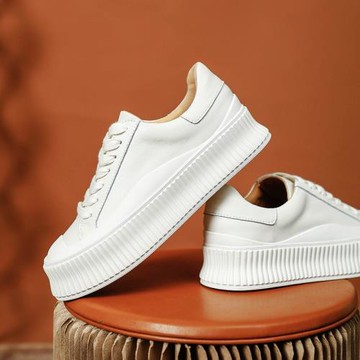 清倉~餅干鞋真皮小白鞋女厚底松糕鞋新款2025春季百搭休閑增高鞋