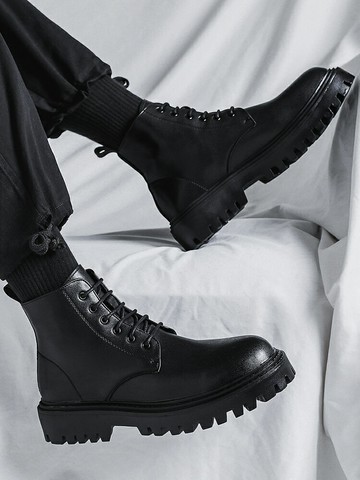 馬丁靴男英倫風高幫靴子夏季新款黑色中幫皮鞋百搭高級感增高男靴