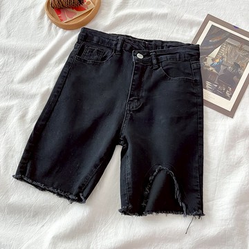 緊身高腰牛仔褲女夏季辣妹薄款顯瘦騎行褲黑色破洞褲五分直筒短褲
