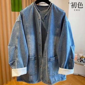 初色 蕾絲拼接撞色寬鬆圓領長袖單排釦大口袋牛仔外套女外套-深藍色-19253(M-XL可選)