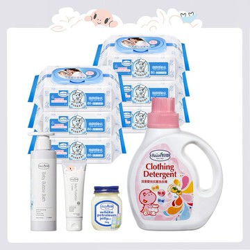 【Baan 貝恩】 新生兒必備組(柔濕巾80抽x12+泡泡香浴露200ml+洗衣精1000ml+護膚膏75ml+凡士林50g)｜新生禮、彌月禮、閨蜜送禮、寶寶新生兒禮、滿月禮、新生禮、520、520我