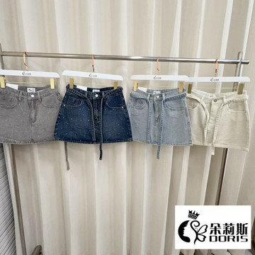 【Doris朵莉斯服飾】(現貨當天出)🅚🅢#3552滿天星燙鑽牛仔短裙褲裙 女 高腰抽繩設計 顯瘦防走光辣妹款