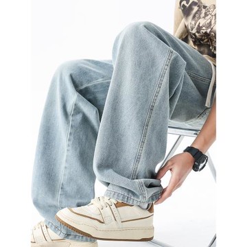 淺藍色牛仔褲男秋冬新款直筒寬松闊腿男生美式潮牌百搭青少年褲子