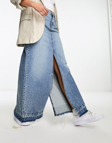 ASOS DESIGN denim maxi skirt with double split in midwash blue