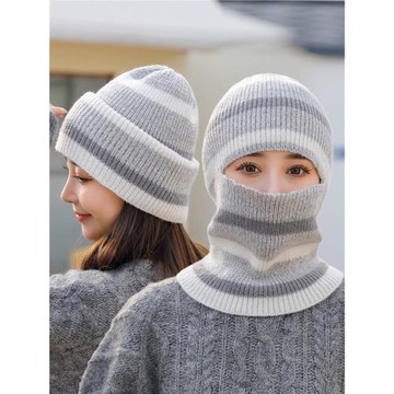 帽子女冬針織圍巾一體帽新款防寒頭盔騎行面罩保暖圍脖護耳毛線帽