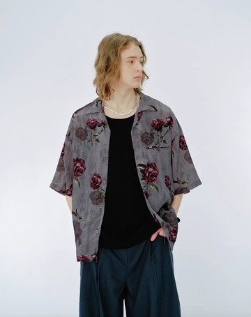 日系復古 玫瑰印花古巴領短袖襯衫