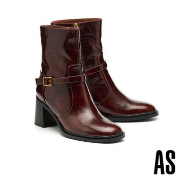 短靴 AS 懷舊個性螺旋方釦飾帶全真皮高跟短靴－紅