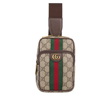 GUCCI GG Ophidia 塗層帆布及皮革綠紅織帶迷你胸口包(米色/烏木色)