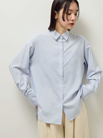 清爽素面/條紋圓弧下擺襯衫(06000972300) - Green Parks