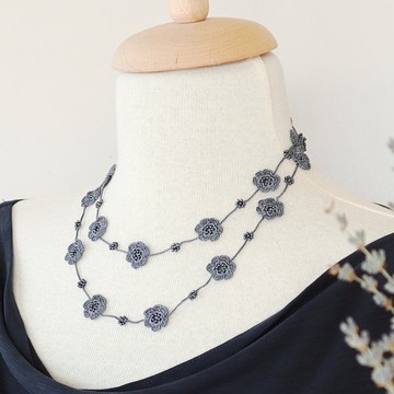 【瑪麗】炭灰色 90cm 蕾絲編織長項鍊