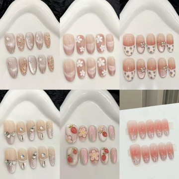 春夏新款貓眼手繪立體花橢圓夏款氣質純手工穿戴甲可拆卸