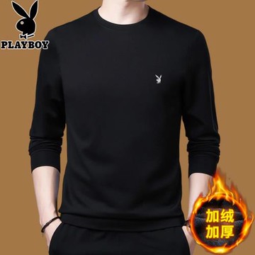 花花公子秋冬新款加絨加厚刺繡長袖t恤男中年純色衛衣保暖打底衫