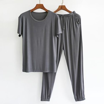 夏季男士莫代爾睡衣短袖長褲套頭休閑薄款寬松束腳圓領家居服舒適