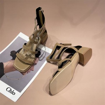 中跟涼鞋女2025夏新款粗跟露趾鏤空羅馬鞋ins超火高幫涼靴后拉鏈