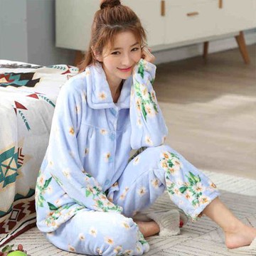 【韓國K.W.】韓國青天小花鑽石絨保暖休閒家居套裝