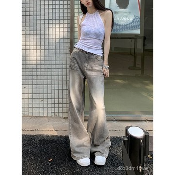 摩卡灰色高腰寬鬆垂感牛仔褲女2024年春夏新款百搭波紋灰闊腿長褲