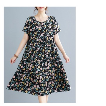 繽紛色彩幸福夜色短袖連身裙洋裝(3XL有做/ 蛋糕裙/ 拼接剪裁 /涼感綿綢)