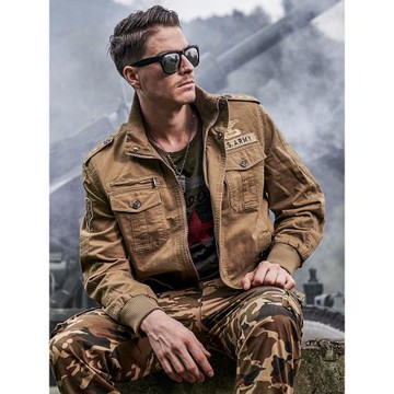 77男裝 春秋季硬漢美式休閑多口袋純棉水洗立領肩章工裝夾克外套