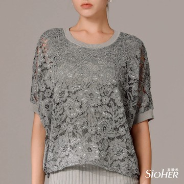 SiOHER D.微光雕花鏤空修身上衣  F-F加大  灰色｜SiOHER熹歐禾