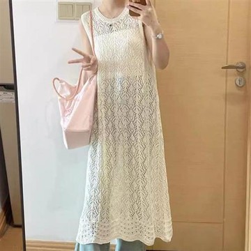 【米蘭精品】現貨+預購 法式針織背心無袖背心削肩上衣百搭大碼休閒女裝-長版開叉鏤空罩衫女上衣3色74mx78