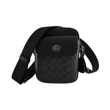 COACH 黑灰C LOGO PVC前扣袋斜背男包(小)