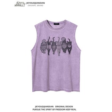 妖嬈的美貓坎肩潮牌復古貓咪印花背心男女水洗寬松休閑tee無袖T恤