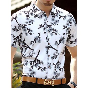 middle aged large size shirt with lapel collar短袖襯衫男碎花