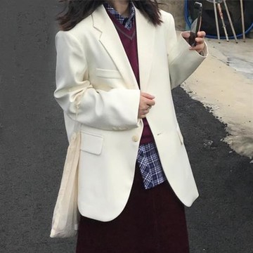 春秋休閑薄款vintage復古港風設計感小眾氣質寬松白色西裝外套女