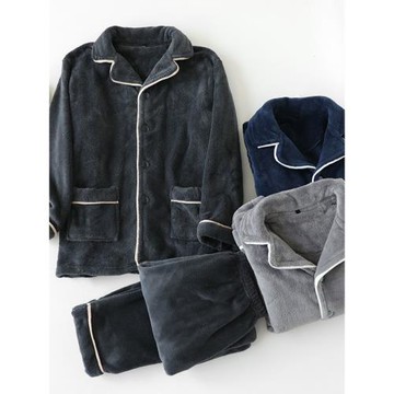 男士秋冬季珊瑚絨睡衣加厚加絨保暖大碼法蘭絨家居服套裝青中年