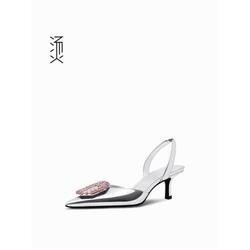 燙銀色鏡面粉色水鉆扣一字帶法式尖頭淺口細貓跟透氣高跟涼單女鞋