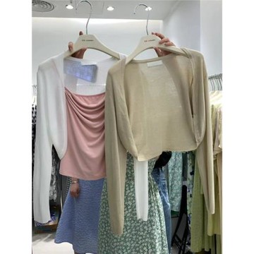 法式配吊帶裙披肩女薄款外搭短款冰絲針織開衫秋冬季防曬罩衫上衣