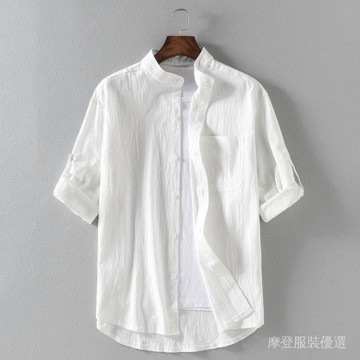 ⚡新春特惠⚡ 2023夏季新款 男士亞麻立領 五分中袖襯衫 潮男 棉麻寬鬆大碼休閒襯衣 ZH18