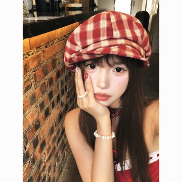 默契滿分💯 日係復古格子貝雷帽女夏季學院風畫家帽大頭圍顯臉小雲朵八角帽子 24IF
