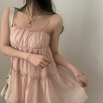 ˏˋ 𝐻𝑒𝑦 𝑆𝑝𝑟𝑖𝑛𝑔 - ̗̀ 🌷⛅️韓國chic 夏新款 甜美可愛木耳邊 雪紡吊帶連衣裙 蛋糕裙 女生洋裝